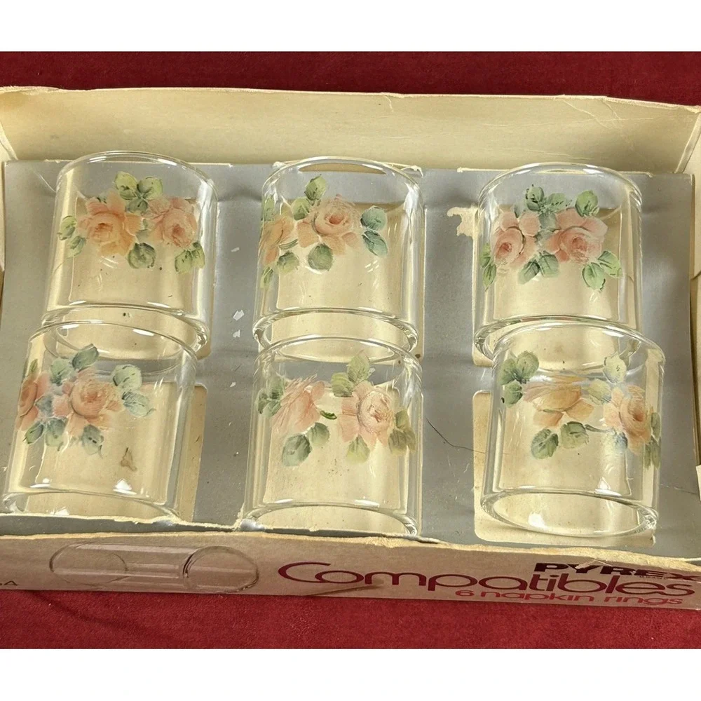 Vtg (6) Pyrex Compatibles Clear Glass 54 Napkin Rings Rose Pattern Original
